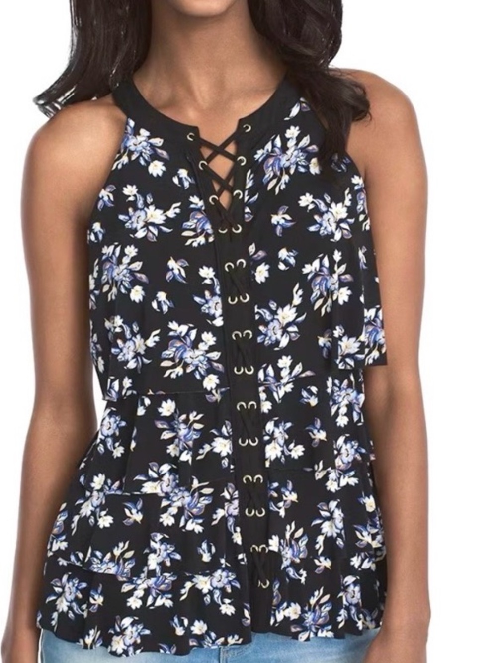 White House Black Market Black Lace-Up Floral Ruffle Tiered Halter